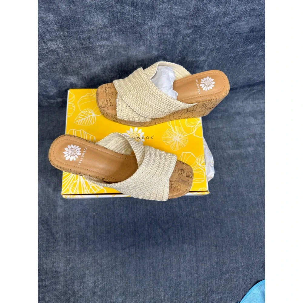 Yellow Box Halva Sandals Womens 7 Natural Woven Cork High Wedge Platform Slide